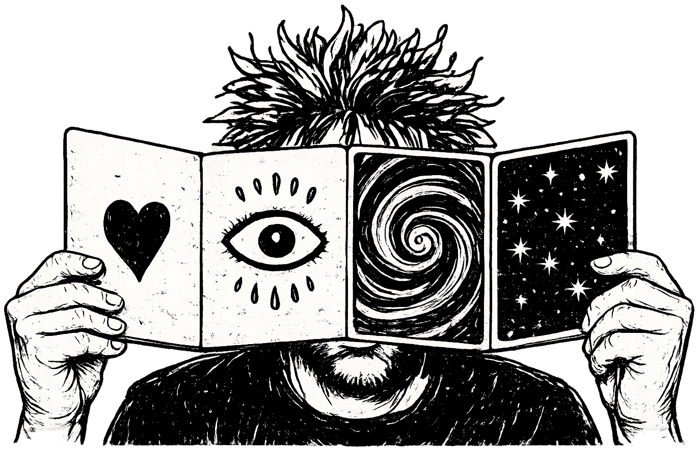 Illustration of a person holding up an open four-panel print in front of their face