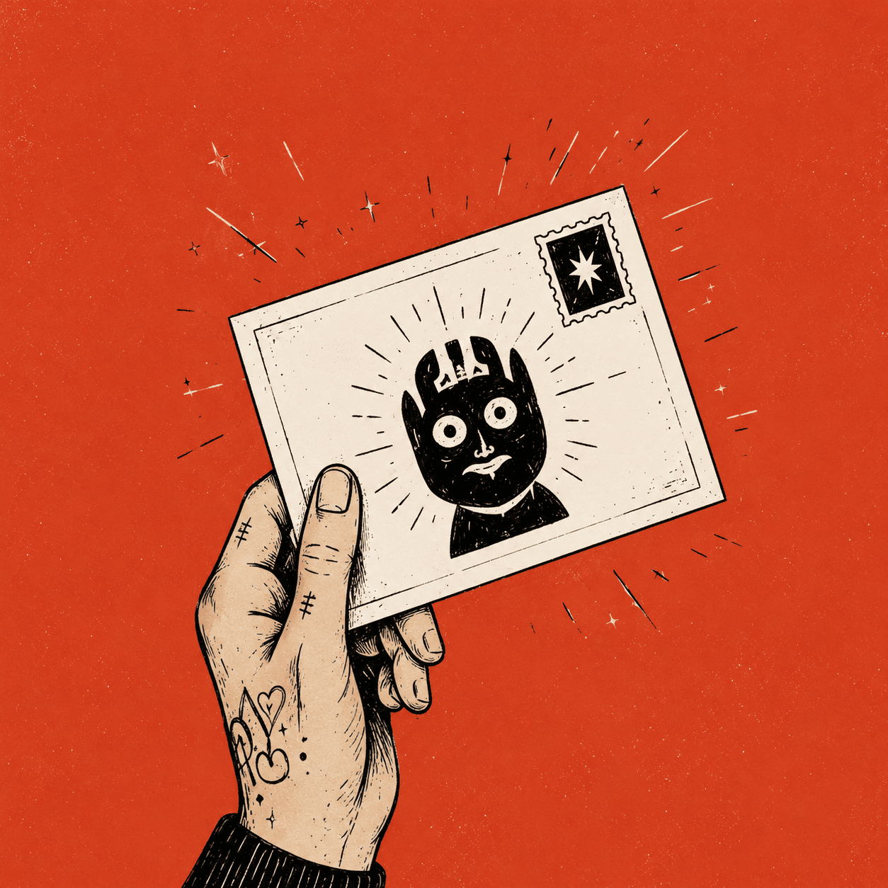 Illustration of a hand holding up a postcard with a star stamp and a flame-headed character