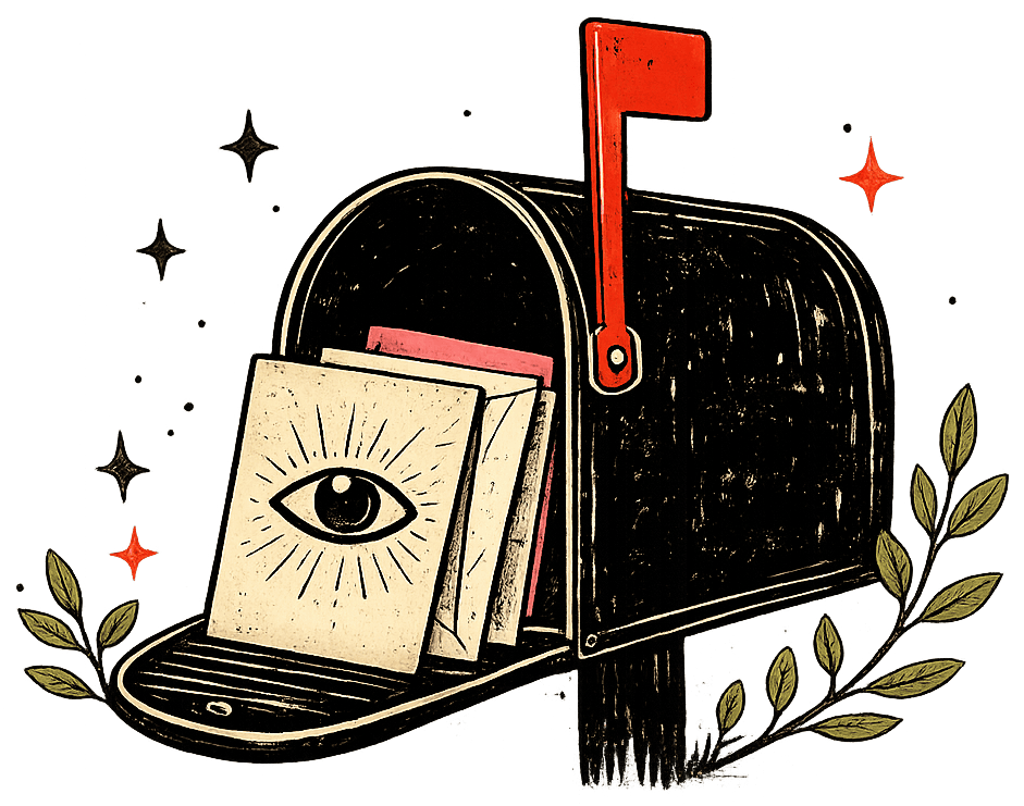 Illustration of a mailbox with its flag up, holding an open envelope with an eye card inside, surrounded by stars and leaves