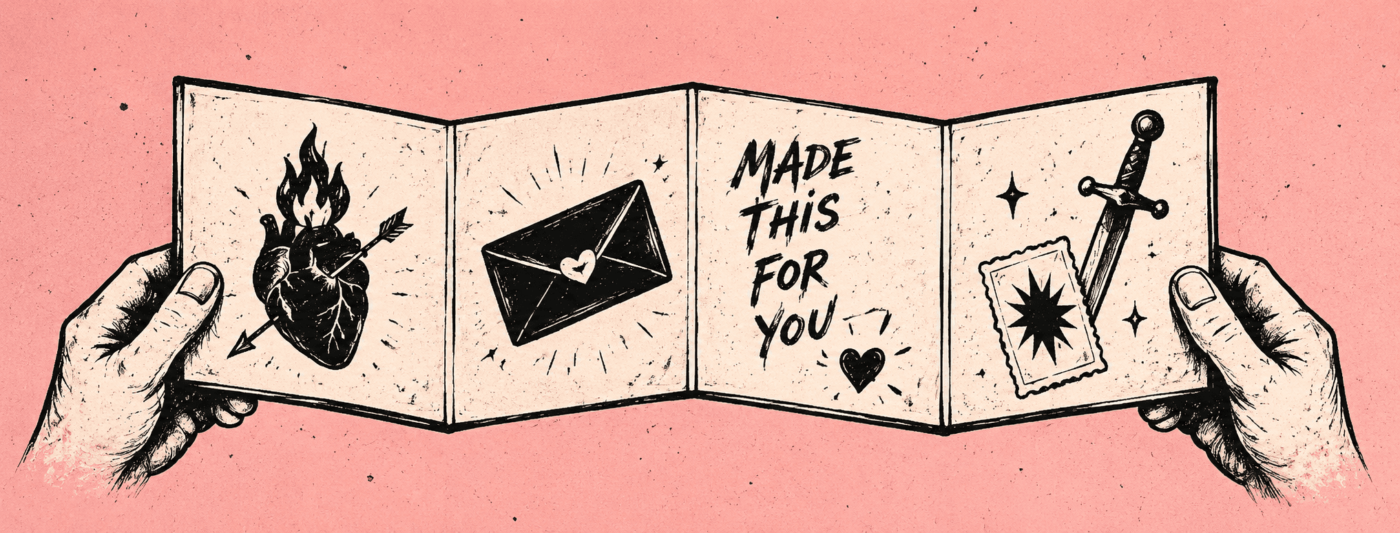 Illustration on a pink background of an open four-panel print reading "Made this for you", with a burning heart pierced by an arrow, a sealed envelope, and a dagger through a starburst card