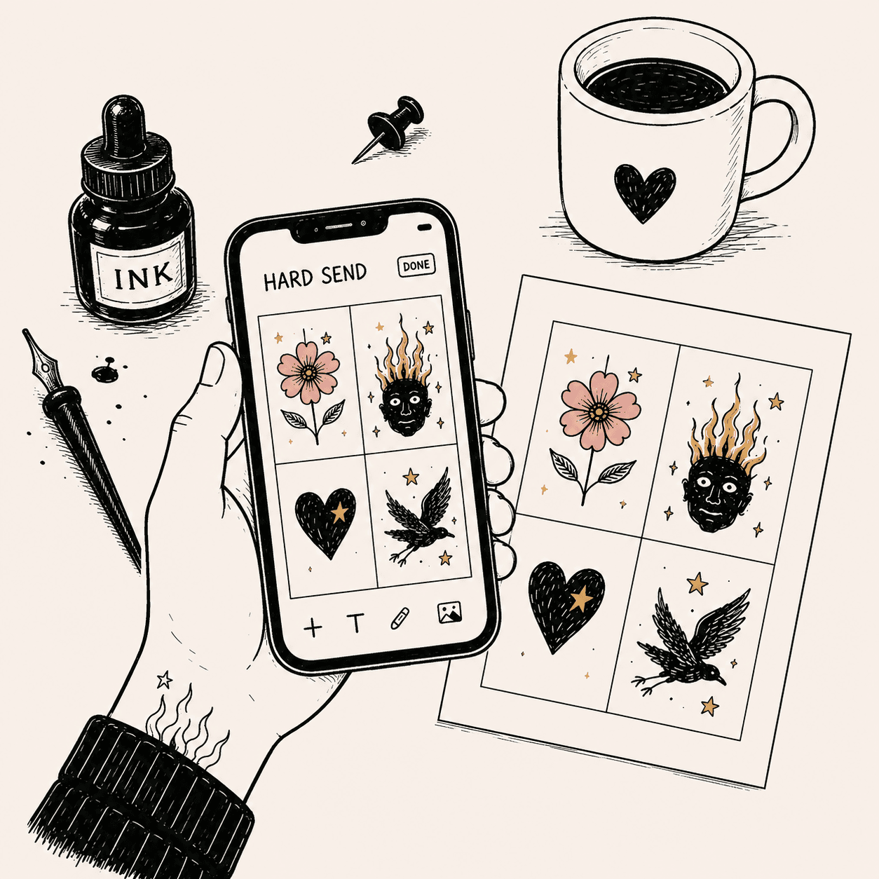 Flat lay of a desk with a phone showing the Hard Send app open to a four-panel print design, next to ink, a pen, and a printed proof of the same print