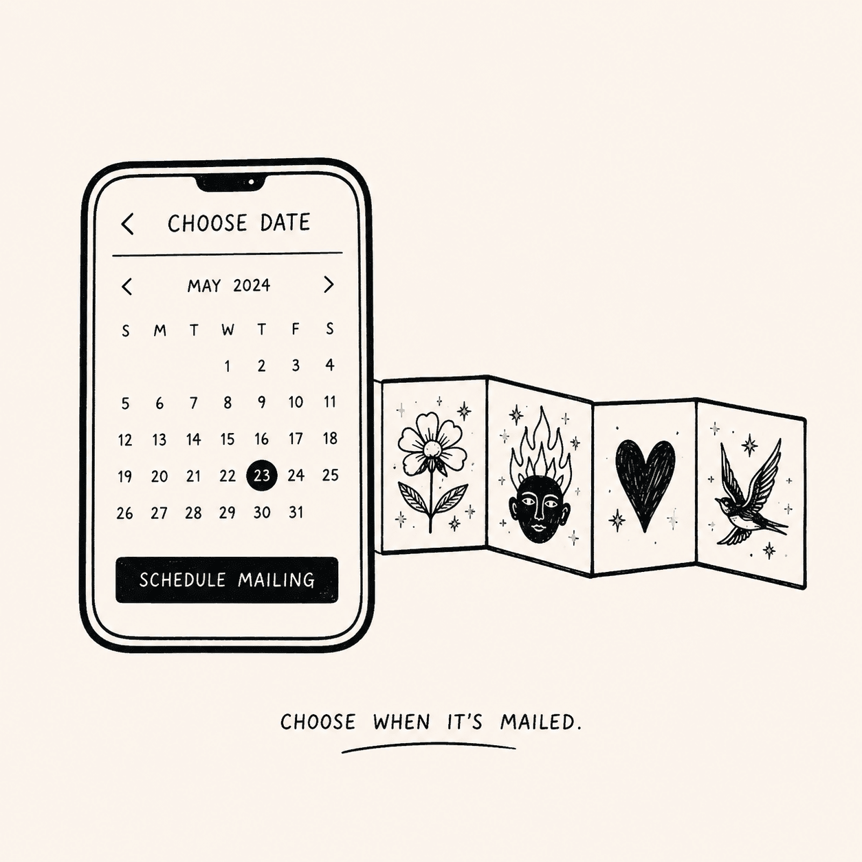Illustration of a phone showing a "Choose Date" calendar screen with a Schedule Mailing button, next to an open four-panel print with a flower, a flaming head, a heart, and a bird