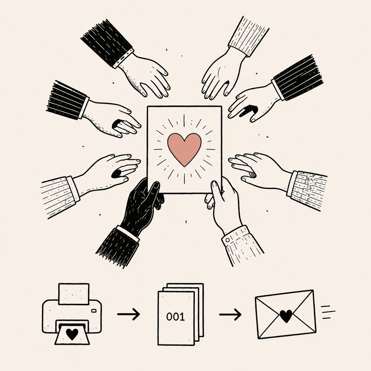 Illustration of eight hands reaching toward a glowing heart card, with icons for printing, numbering, and mailing worldwide