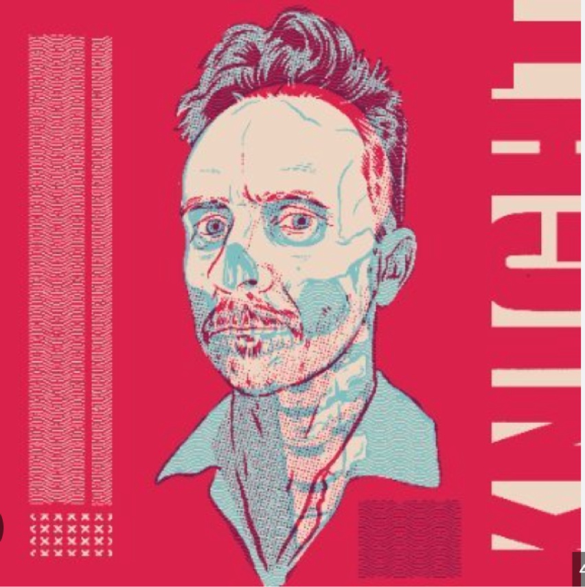 Riso-style duotone illustrated portrait of Travis Knight in red and teal, with 'KNIGHT' lettering to the right