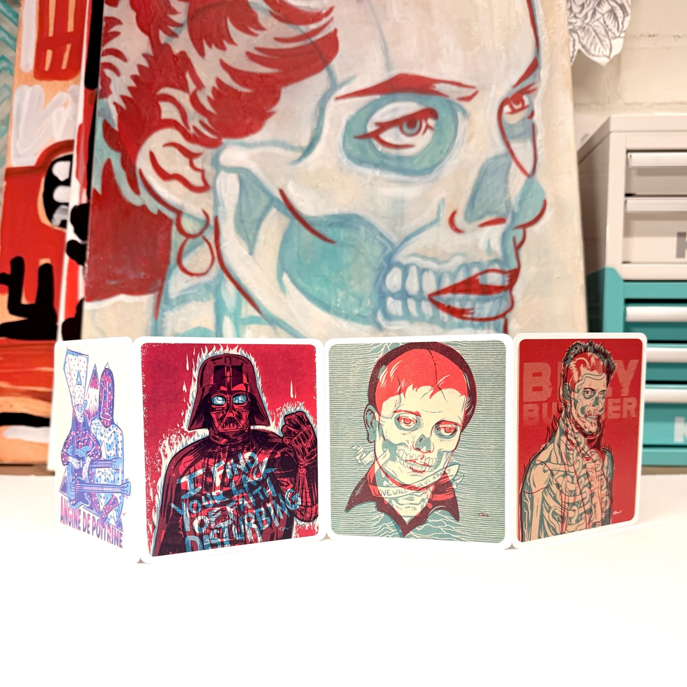 Straight-on detail of all four panels of a Hard Send print by Travis Knight